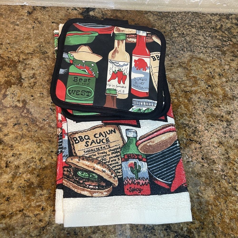 Towel‎ Pot Holder 3 Piece Kitchen Set BBQ Cajun Grill  Cooking Multicolor New